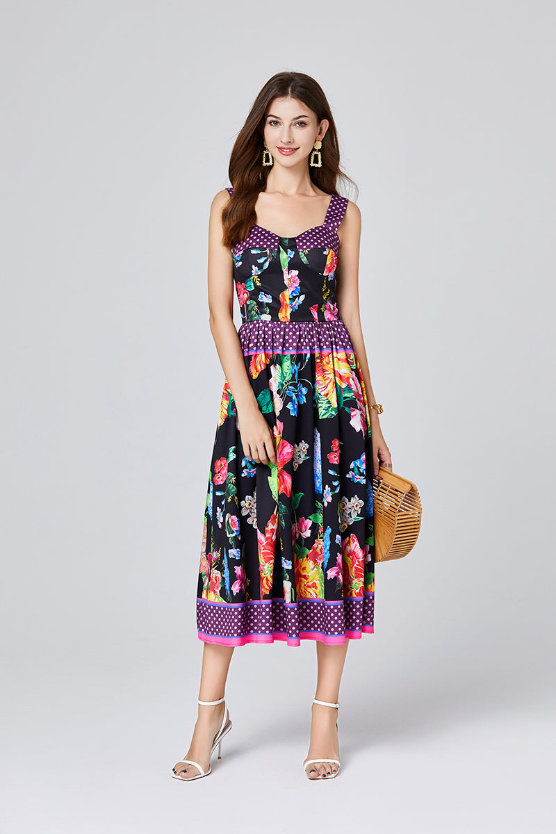 Summer Positioning Vintage Printed Three Dimensional Strapless Strap Dress Back Rubber Strap High Waist Dress ESUNG