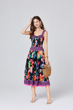 Summer Positioning Vintage Printed Three Dimensional Strapless Strap Dress Back Rubber Strap High Waist Dress ESUNG