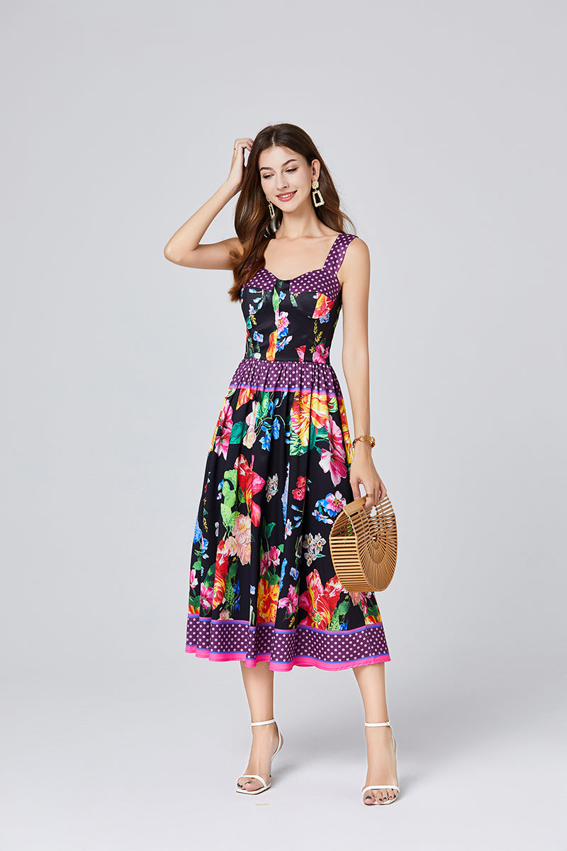 Summer Positioning Vintage Printed Three Dimensional Strapless Strap Dress Back Rubber Strap High Waist Dress ESUNG