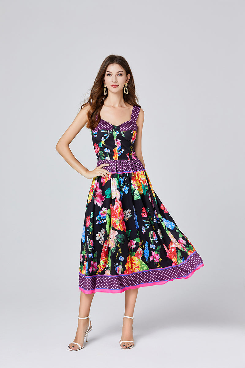 Summer Positioning Vintage Printed Three Dimensional Strapless Strap Dress Back Rubber Strap High Waist Dress ESUNG