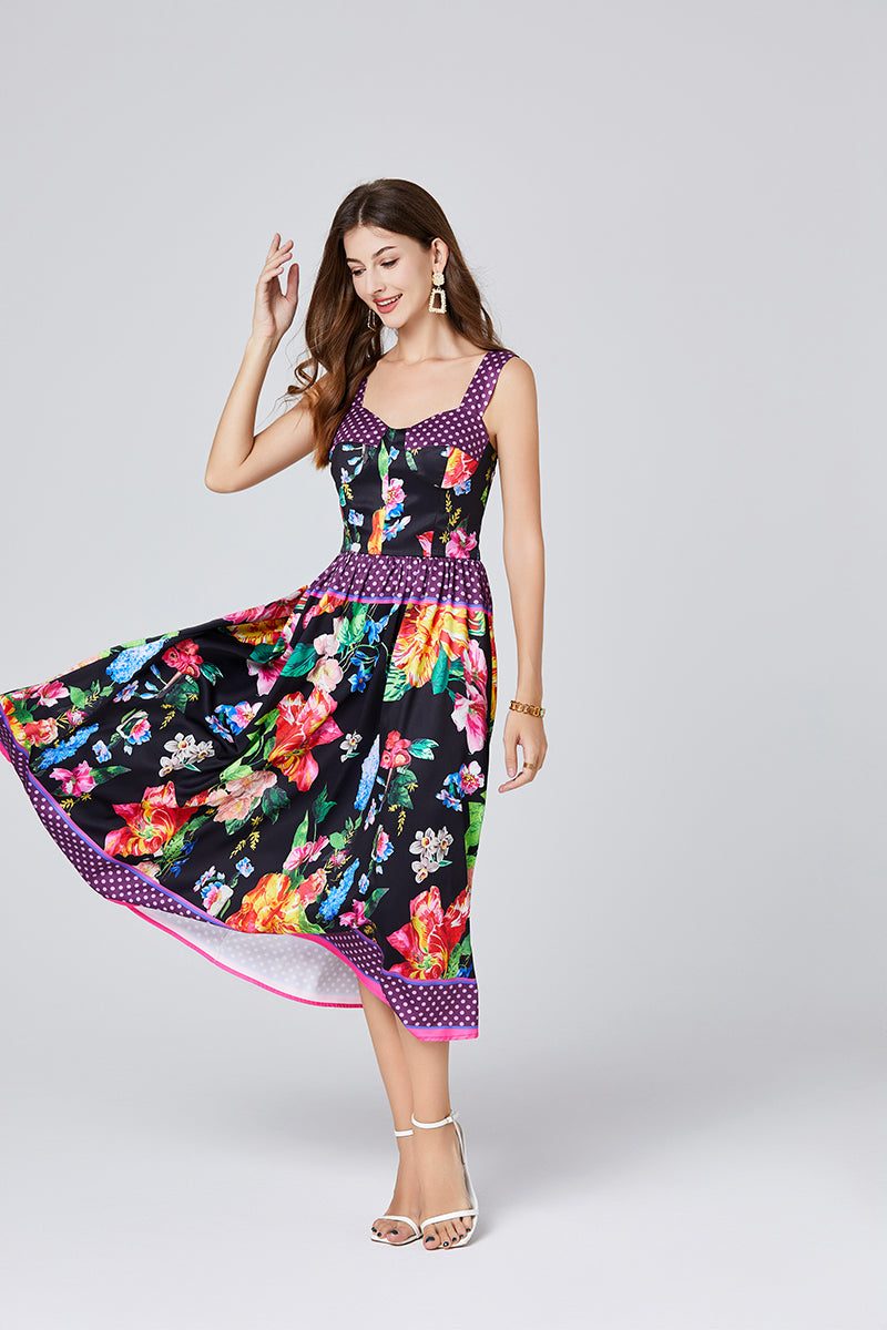 Summer Positioning Vintage Printed Three Dimensional Strapless Strap Dress Back Rubber Strap High Waist Dress ESUNG