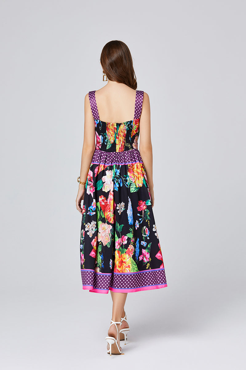 Summer Positioning Vintage Printed Three Dimensional Strapless Strap Dress Back Rubber Strap High Waist Dress ESUNG