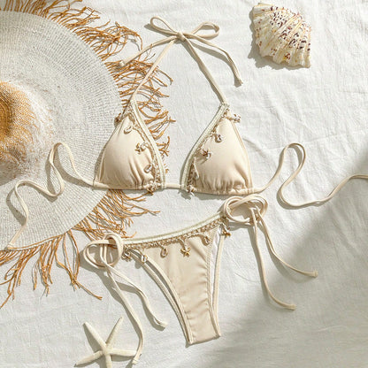 Conjunto de traje de baño para mujer Bikinx con copa triangular y tirantes empalmados de color sólido