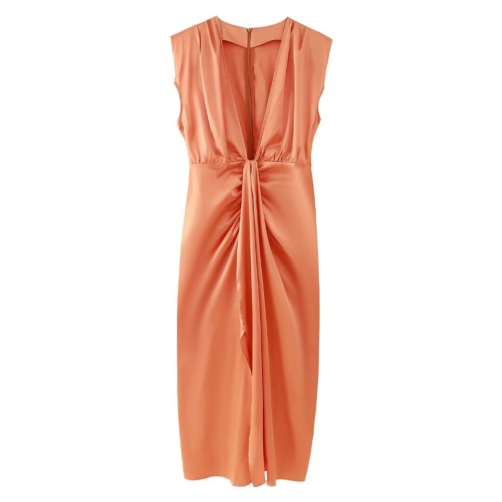 Summer Women Retro Deep V Plunge Neck Silk Satin Texture Slim Fit Sheath Pleated Dress Dress Shell