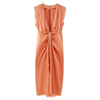 Summer Women Retro Deep V Plunge Neck Silk Satin Texture Slim Fit Sheath Pleated Dress Dress Shell