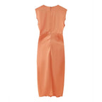 Summer Women Retro Deep V Plunge Neck Silk Satin Texture Slim Fit Sheath Pleated Dress Dress Shell