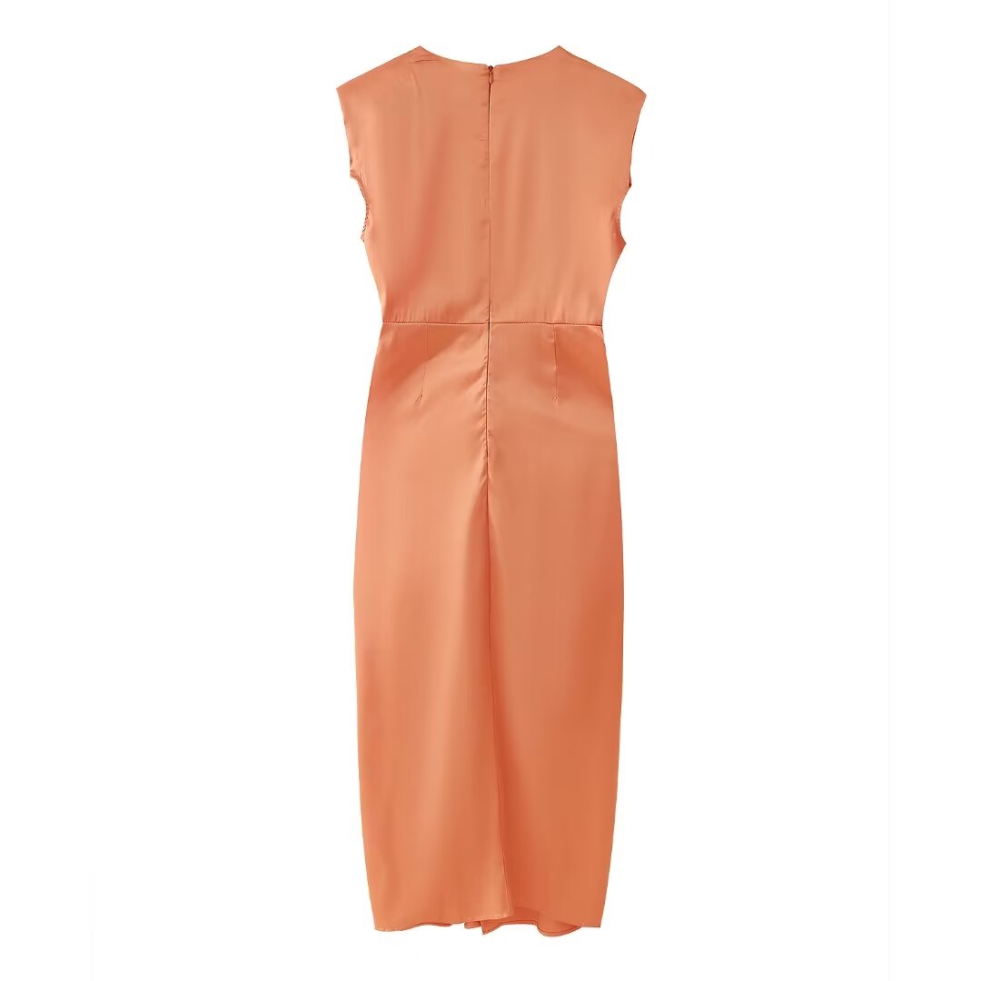 Summer Women Retro Deep V Plunge Neck Silk Satin Texture Slim Fit Sheath Pleated Dress Dress Shell