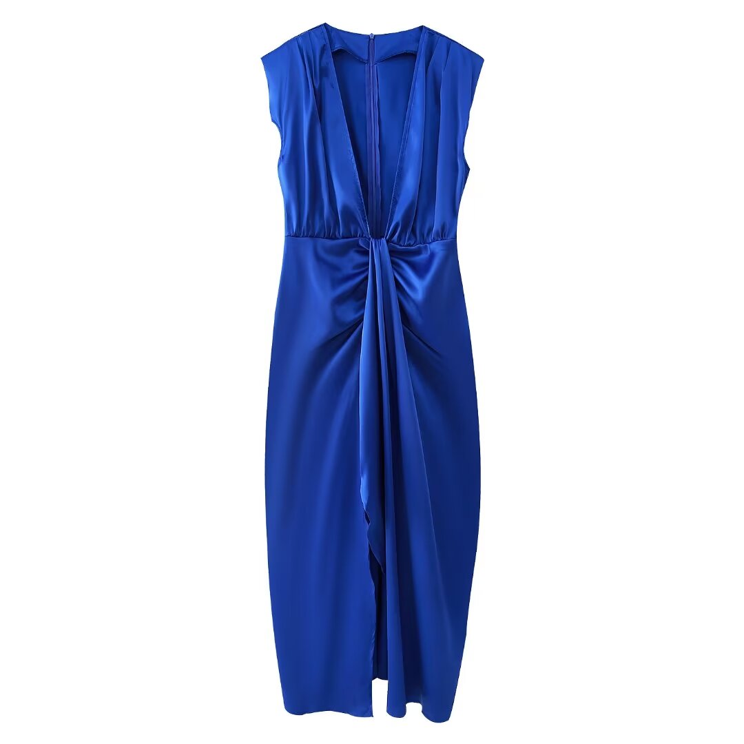 Summer Women Retro Deep V Plunge Neck Silk Satin Texture Slim Fit Sheath Pleated Dress Dress Shell