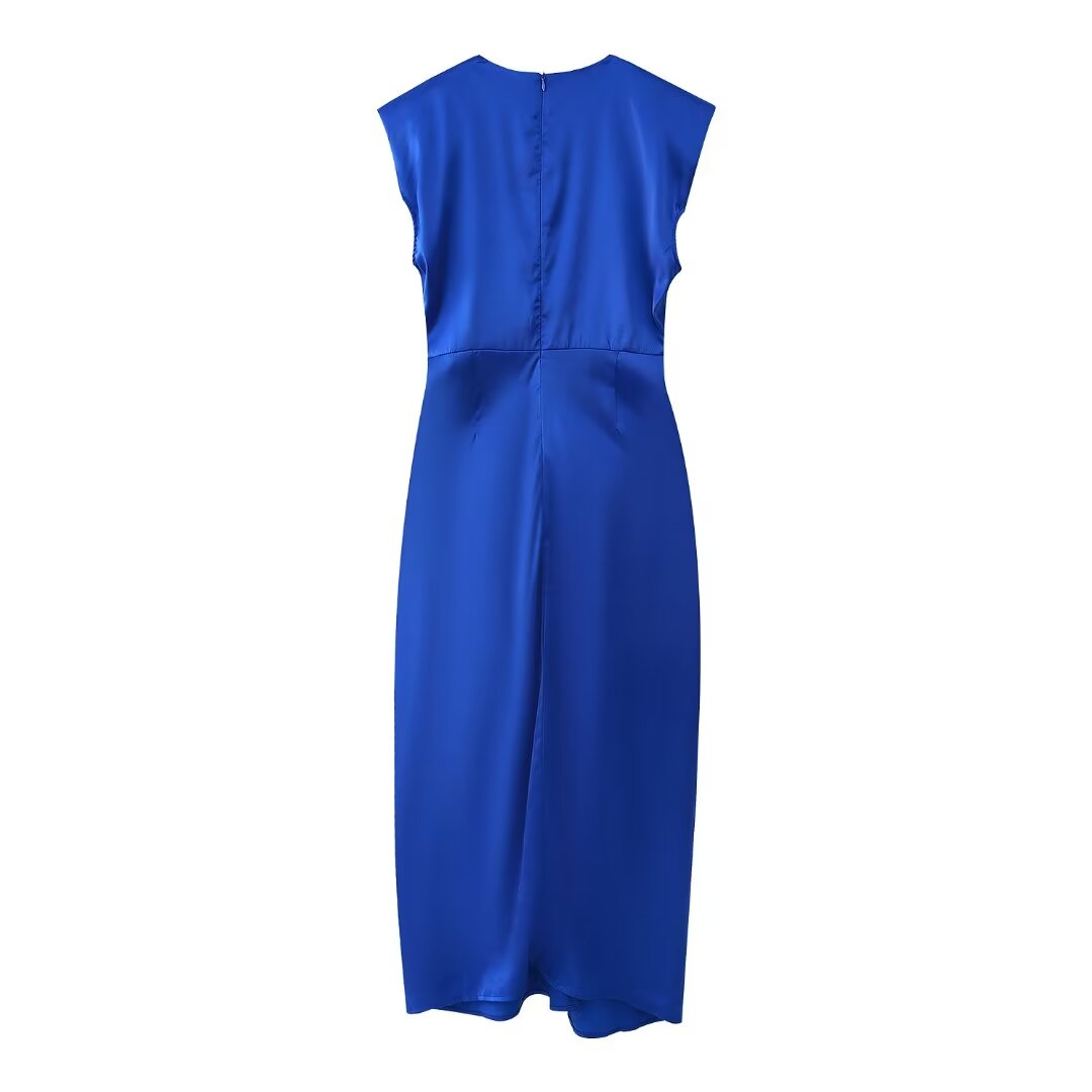 Summer Women Retro Deep V Plunge Neck Silk Satin Texture Slim Fit Sheath Pleated Dress Dress Shell