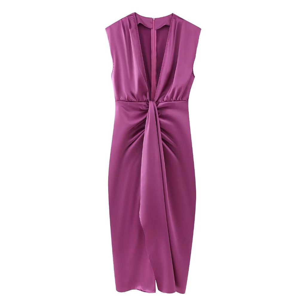 Summer Women Retro Deep V Plunge Neck Silk Satin Texture Slim Fit Sheath Pleated Dress Dress Shell