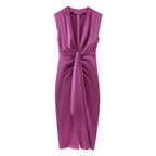 Summer Women Retro Deep V Plunge Neck Silk Satin Texture Slim Fit Sheath Pleated Dress Dress Shell