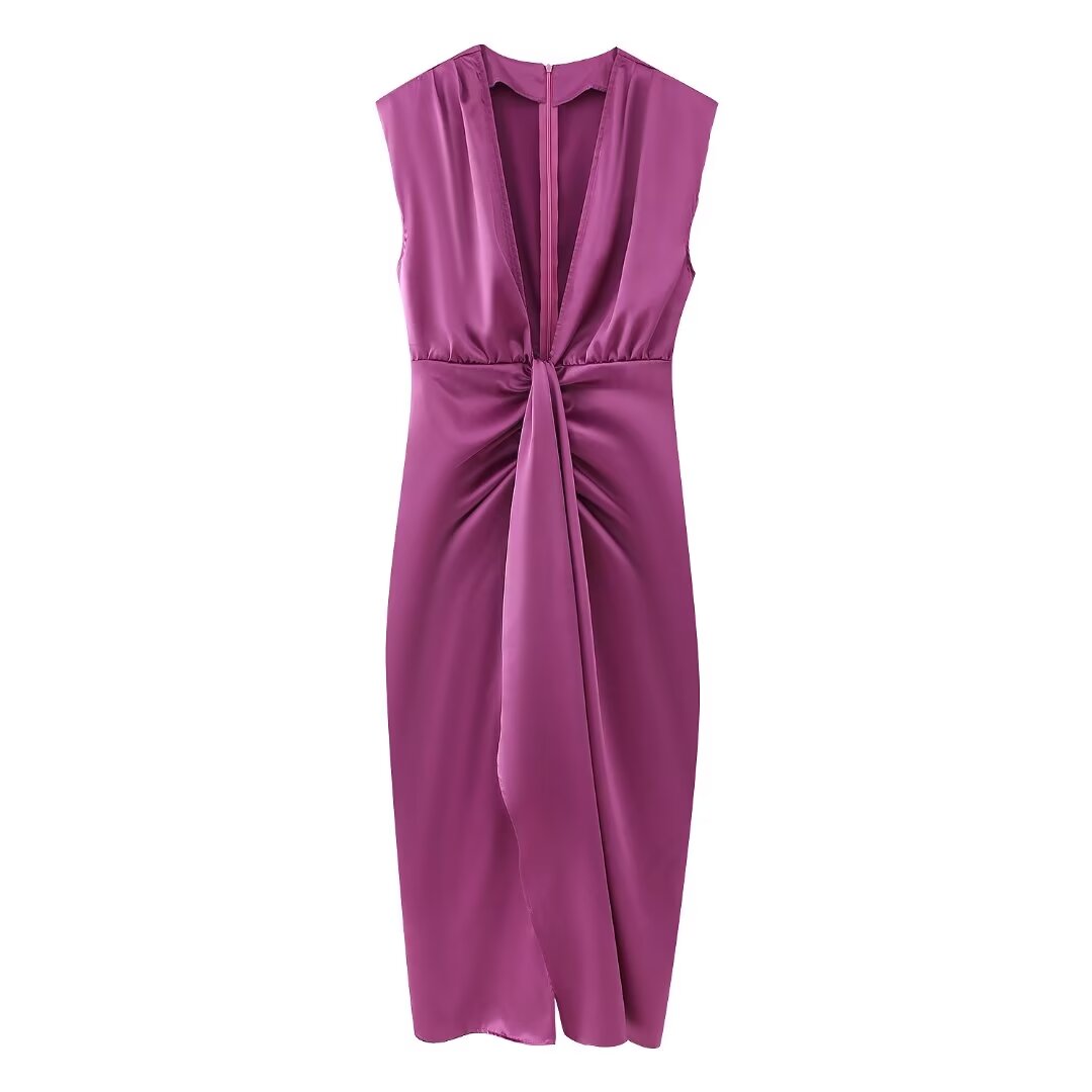 Summer Women Retro Deep V Plunge Neck Silk Satin Texture Slim Fit Sheath Pleated Dress Dress Shell