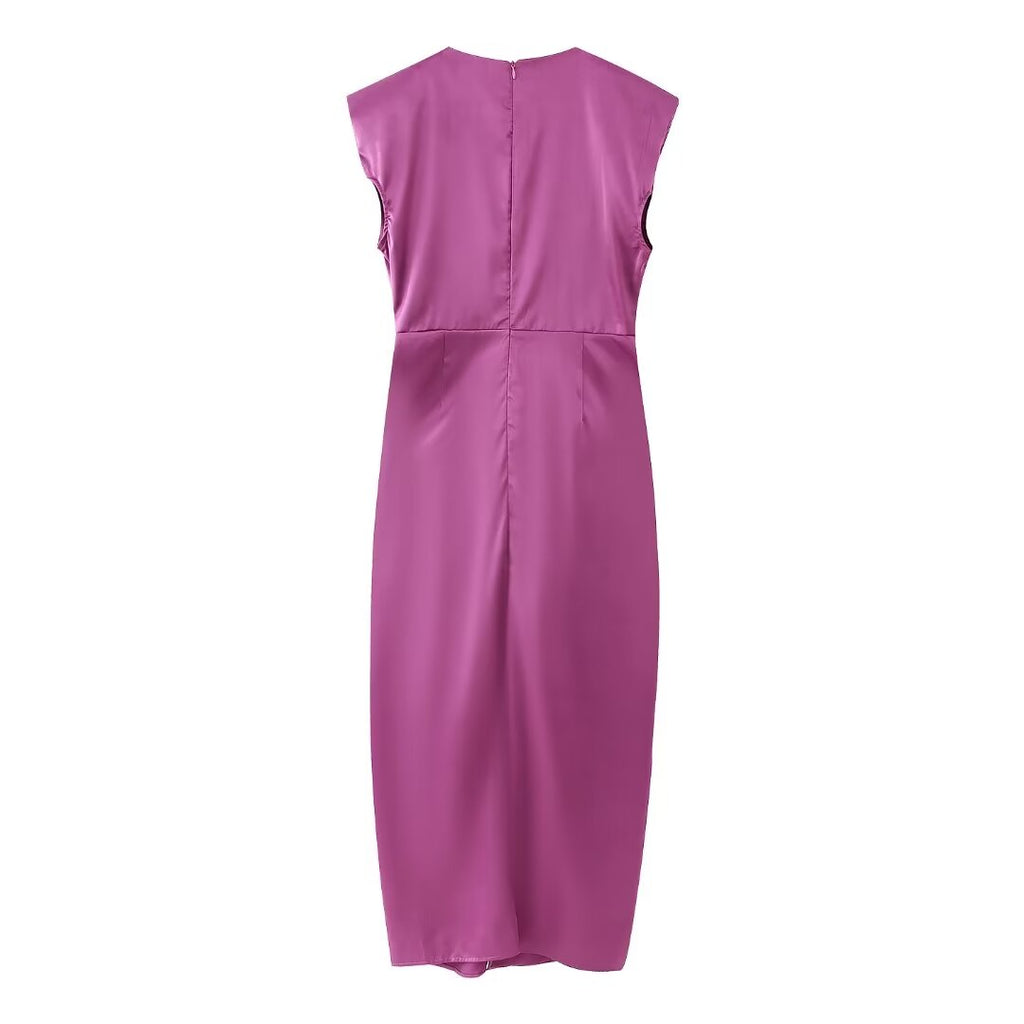 Summer Women Retro Deep V Plunge Neck Silk Satin Texture Slim Fit Sheath Pleated Dress Dress Shell
