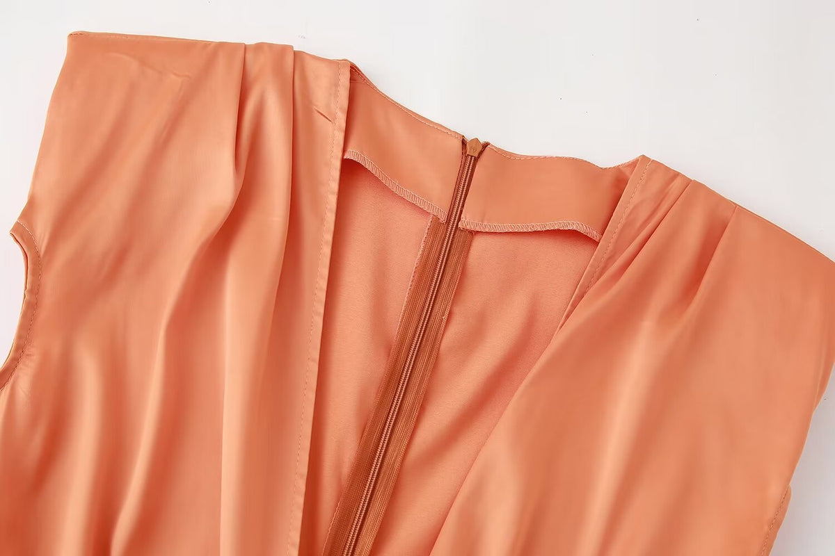 Summer Women Retro Deep V Plunge Neck Silk Satin Texture Slim Fit Sheath Pleated Dress Dress Shell