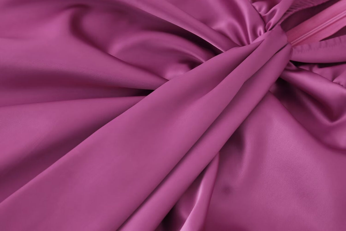 Summer Women Retro Deep V Plunge Neck Silk Satin Texture Slim Fit Sheath Pleated Dress Dress Shell