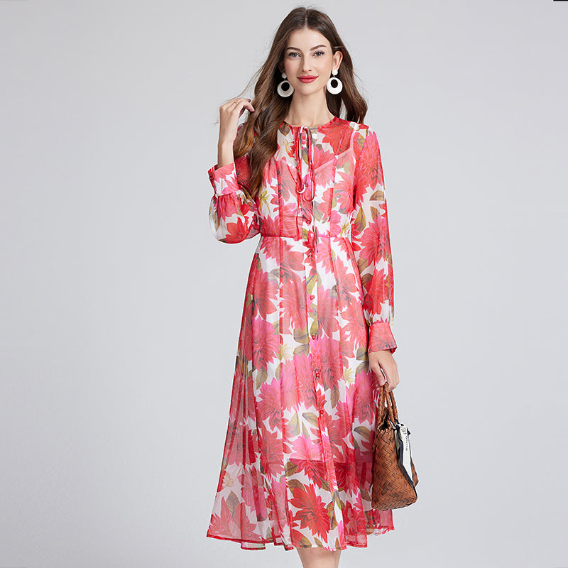 Spring Summer Gorgeous Red Flower Print Elegant High End Dress Sling Set ESUNG