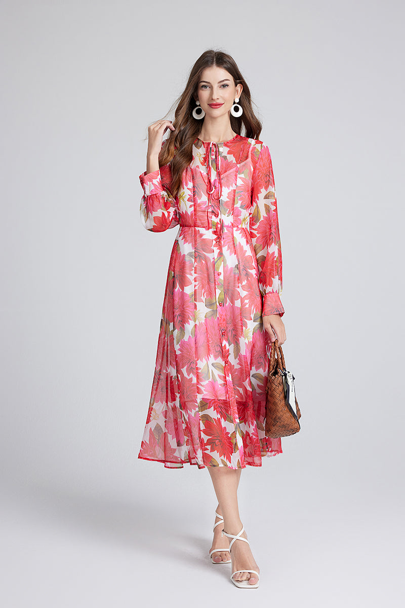 Spring Summer Gorgeous Red Flower Print Elegant High End Dress Sling Set ESUNG