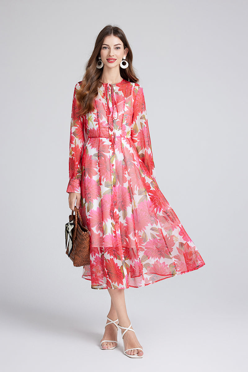 Spring Summer Gorgeous Red Flower Print Elegant High End Dress Sling Set ESUNG
