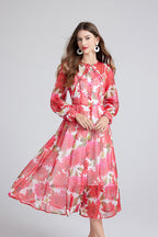 Spring Summer Gorgeous Red Flower Print Elegant High End Dress Sling Set ESUNG