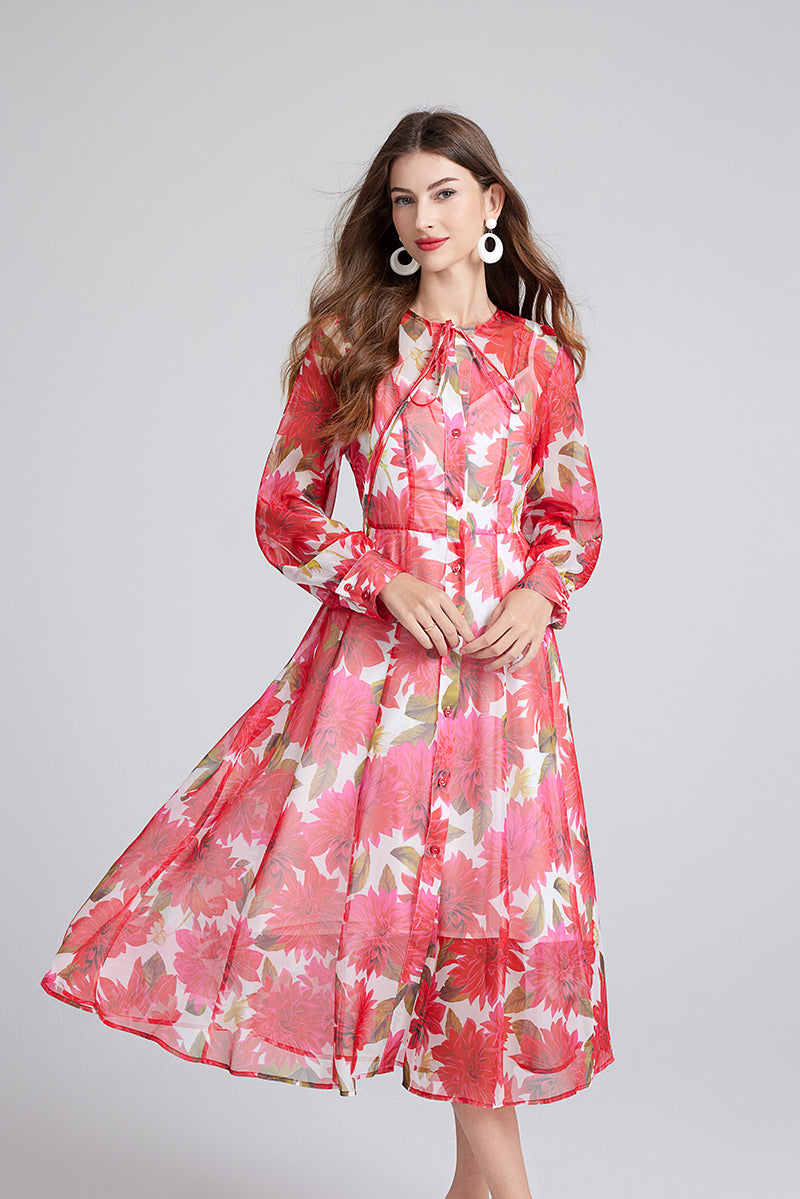 Spring Summer Gorgeous Red Flower Print Elegant High End Dress Sling Set ESUNG