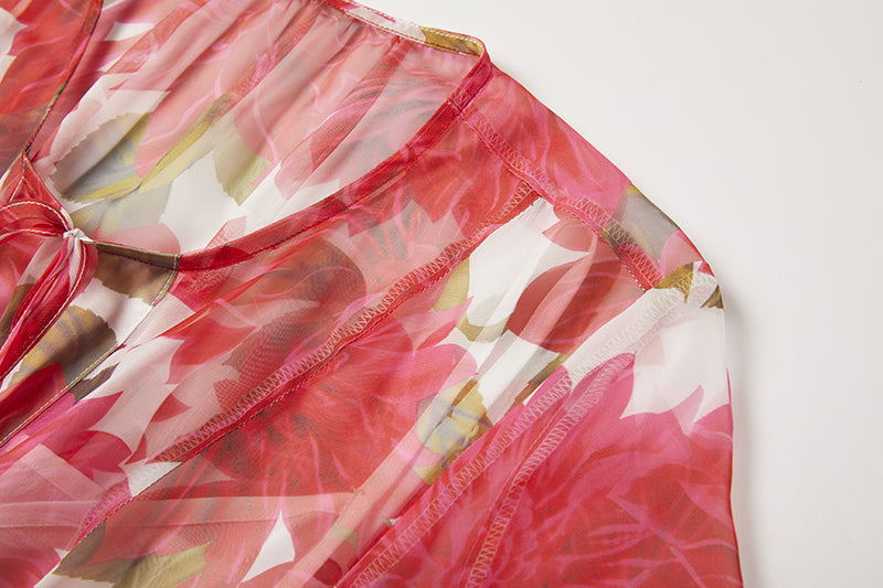 Spring Summer Gorgeous Red Flower Print Elegant High End Dress Sling Set ESUNG
