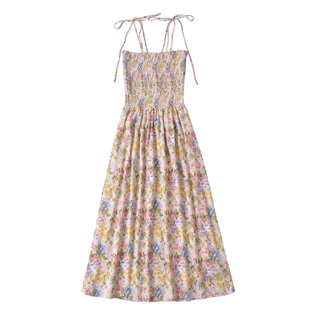 Summer French Vintage Floral Elastic Waisted Slimming Sling Dress OMI