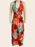 Summer Women Casual V neck Printed Lace up Mid Length Dress XUYUN