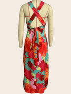 Summer Women Casual V neck Printed Lace up Mid Length Dress XUYUN