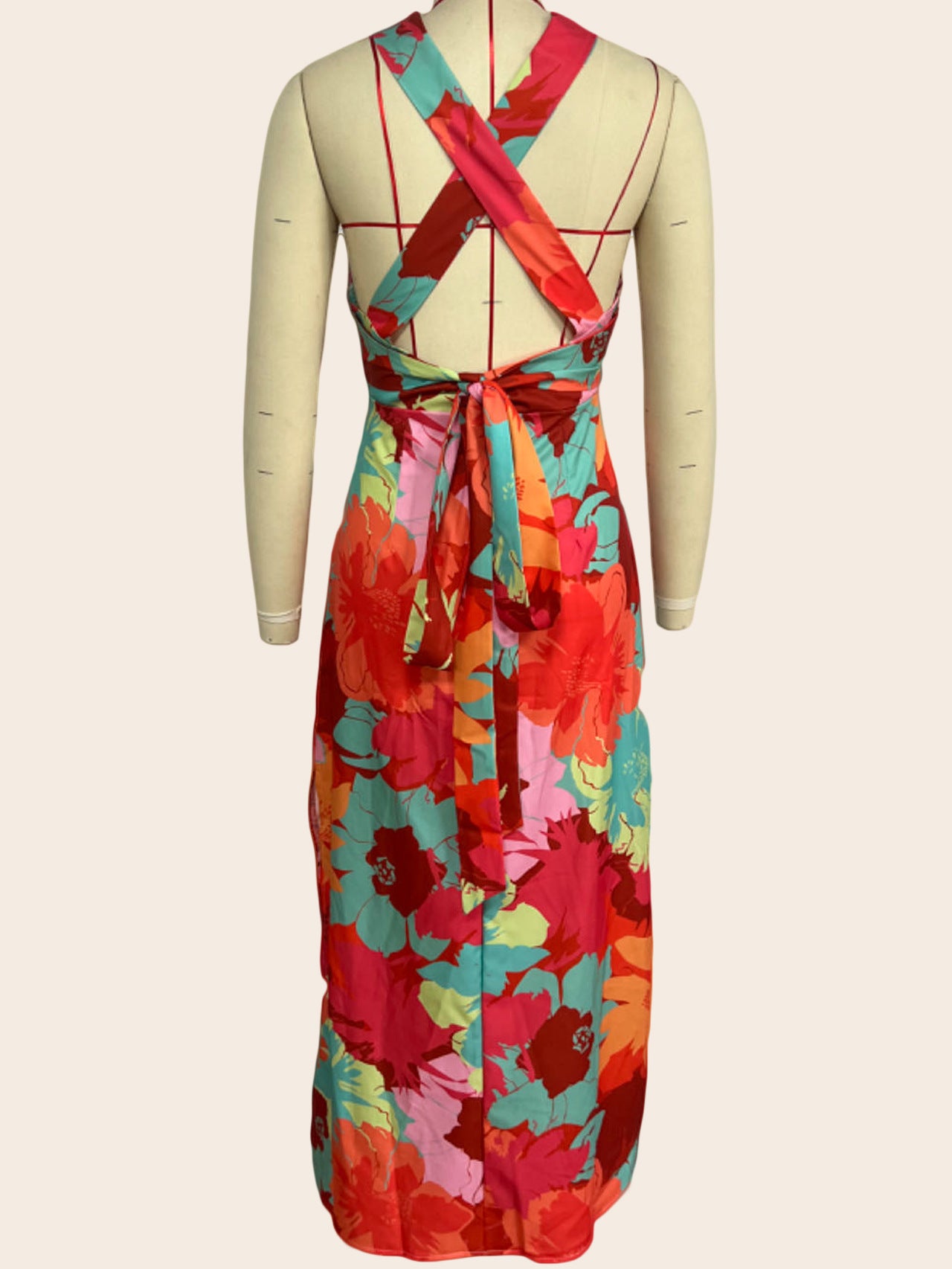 Summer Women Casual V neck Printed Lace up Mid Length Dress XUYUN