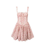 Summer French Waist Slimming A line Short Pure Floral Printing Slip Dress Women Puffy dress PullWind
