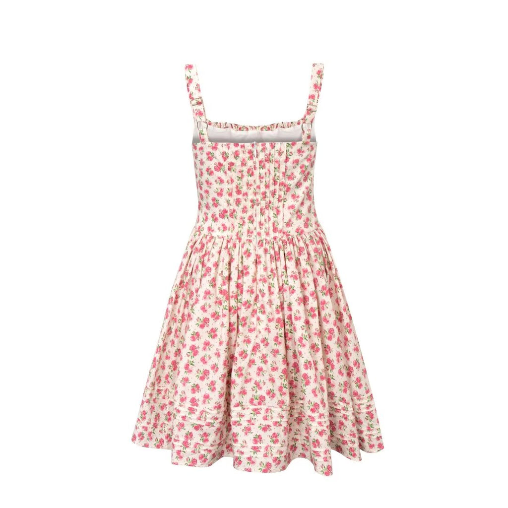 Summer French Waist Slimming A line Short Pure Floral Printing Slip Dress Women Puffy dress PullWind