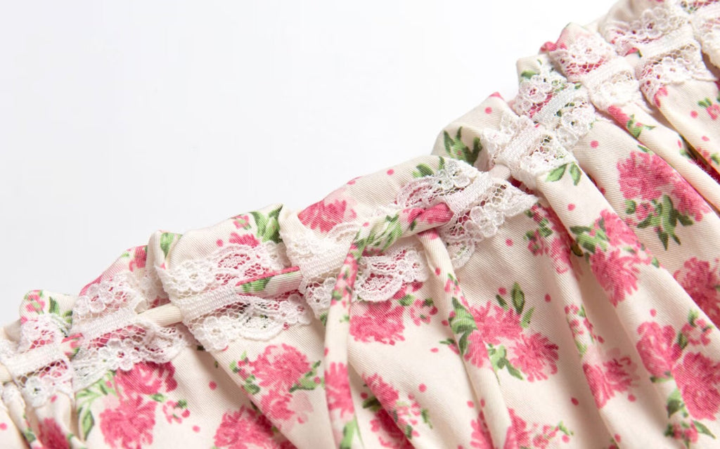 Summer French Waist Slimming A line Short Pure Floral Printing Slip Dress Women Puffy dress PullWind