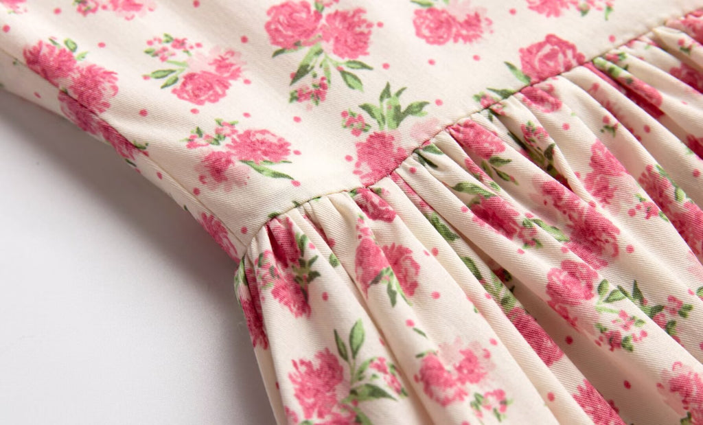Summer French Waist Slimming A line Short Pure Floral Printing Slip Dress Women Puffy dress PullWind