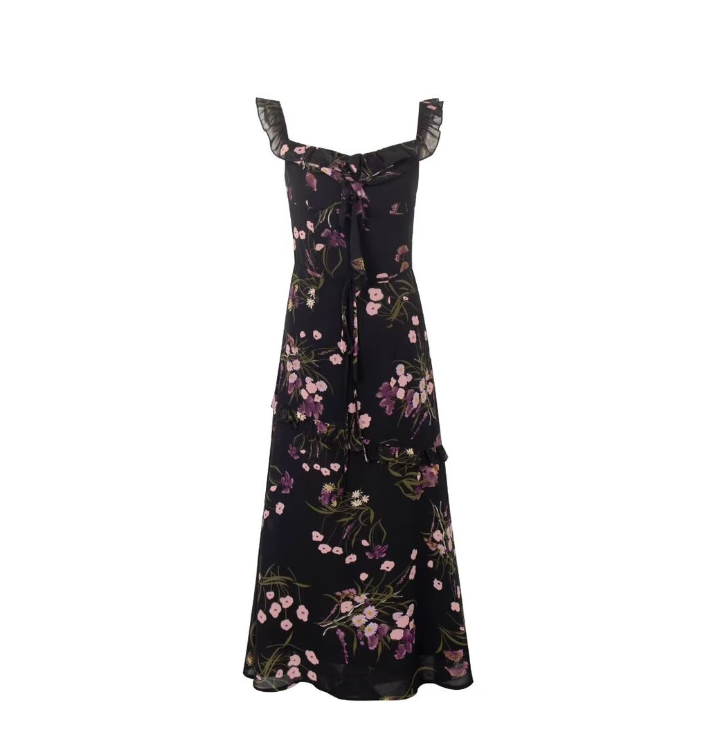 Printed Ruffled Suspender Summer Waist Controlled Lace up Slim Mid Length A line Dress PullWind