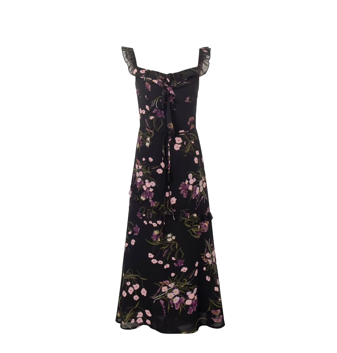 Printed Ruffled Suspender Summer Waist Controlled Lace up Slim Mid Length A line Dress PullWind