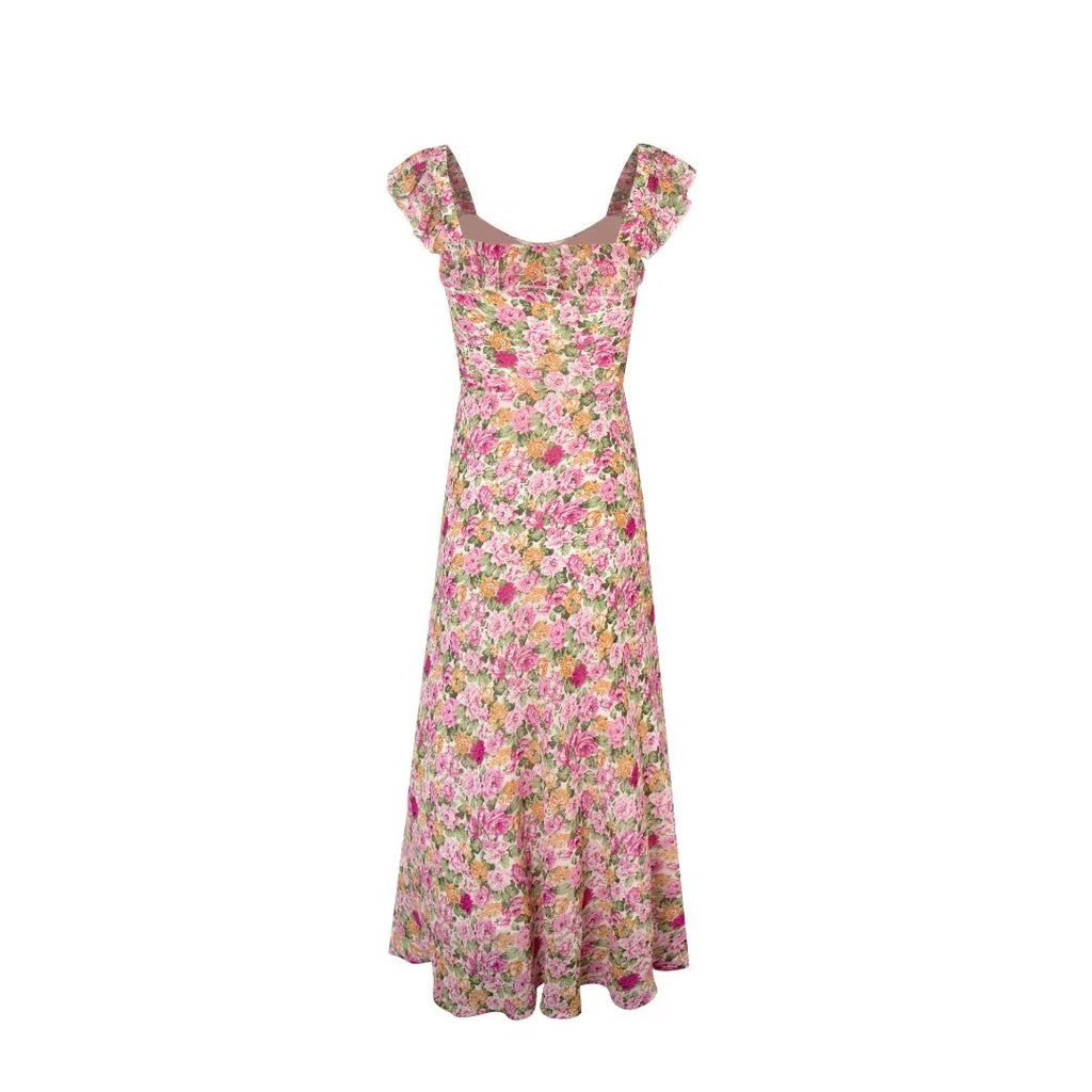 French Floral Design Ruffled Stitching Dress Summer Slim A line Vacation Dress Cami Dress PullWind