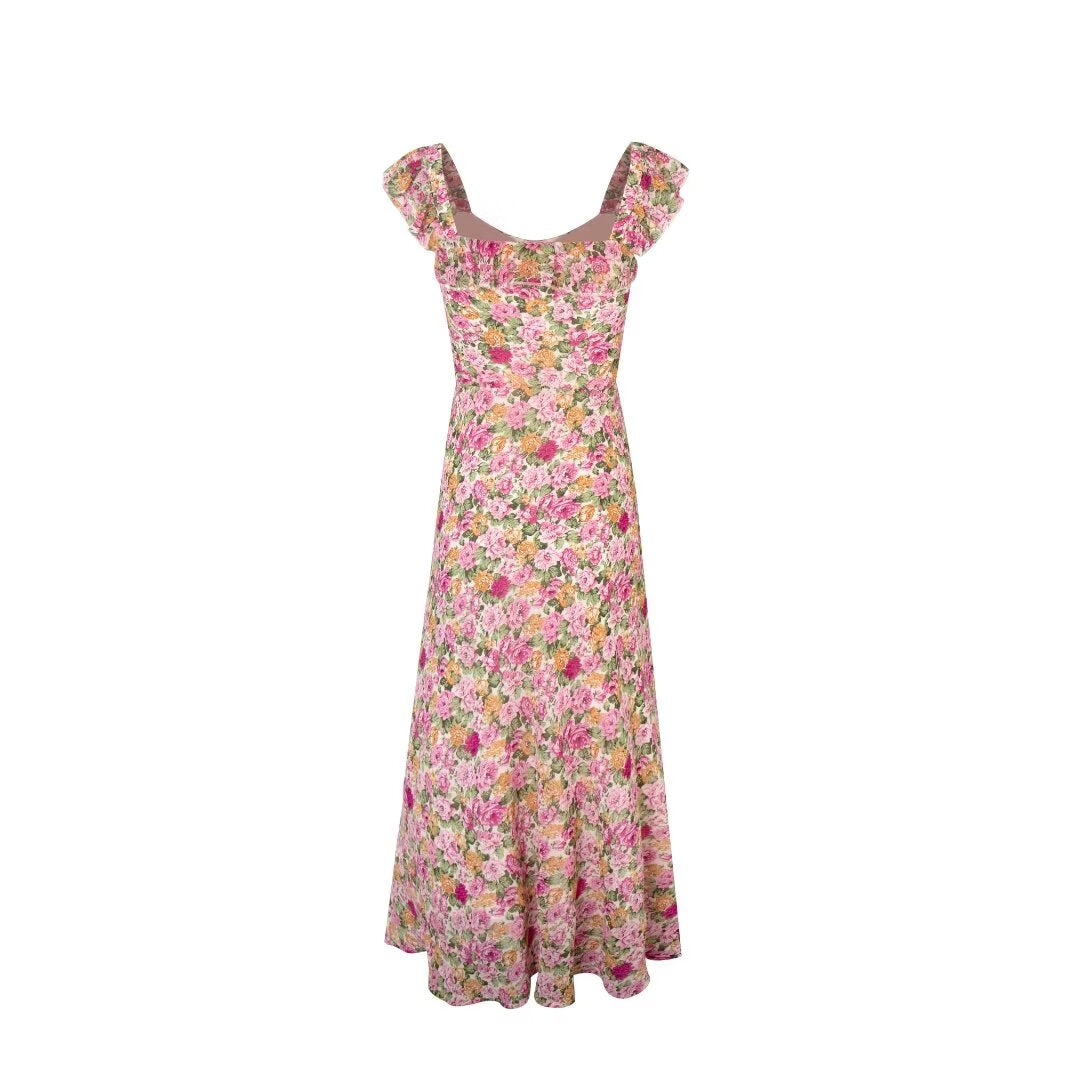 French Floral Design Ruffled Stitching Dress Summer Slim A line Vacation Dress Cami Dress PullWind