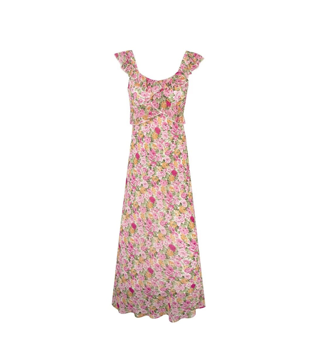 French Floral Design Ruffled Stitching Dress Summer Slim A line Vacation Dress Cami Dress PullWind