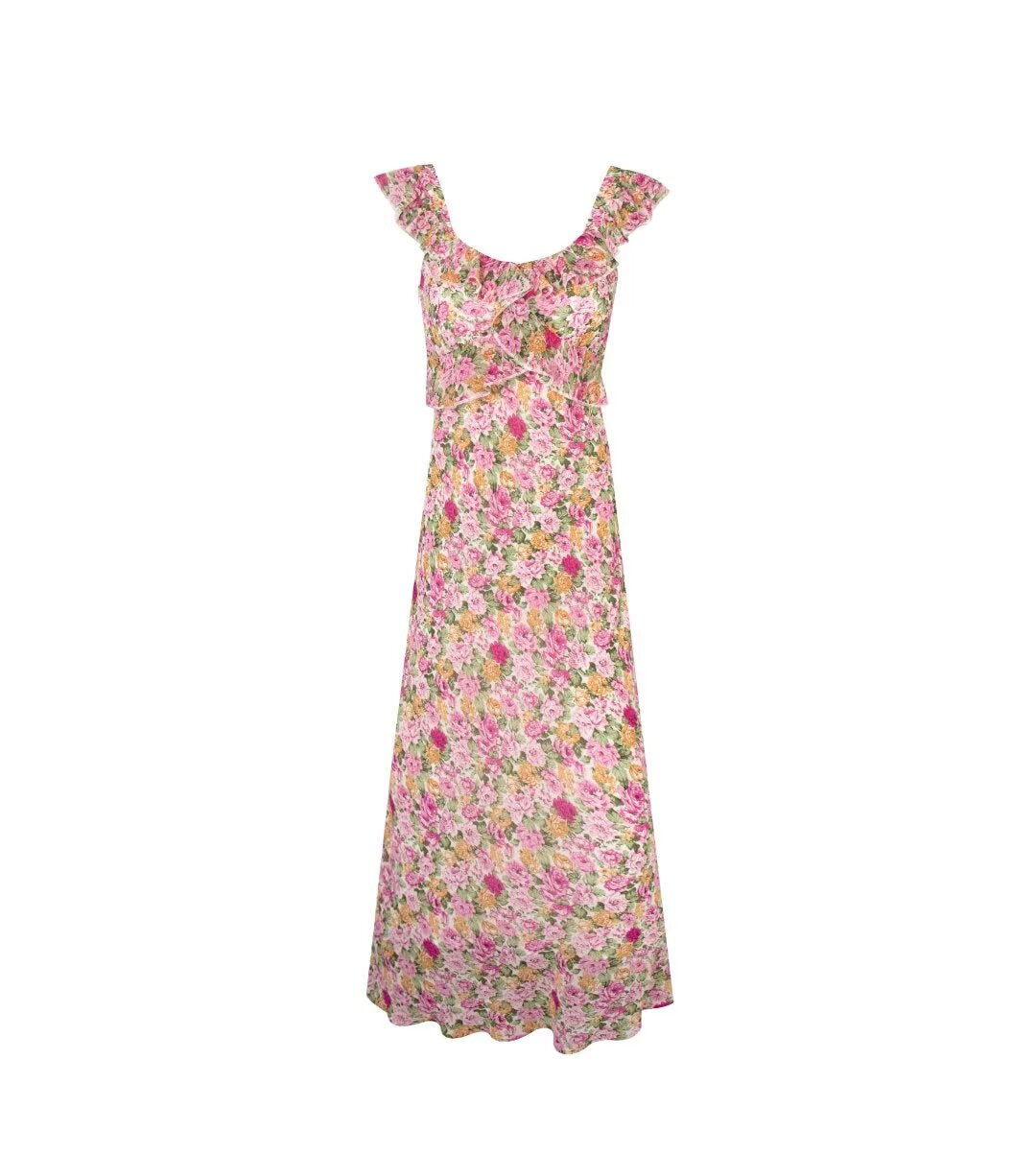French Floral Design Ruffled Stitching Dress Summer Slim A line Vacation Dress Cami Dress PullWind