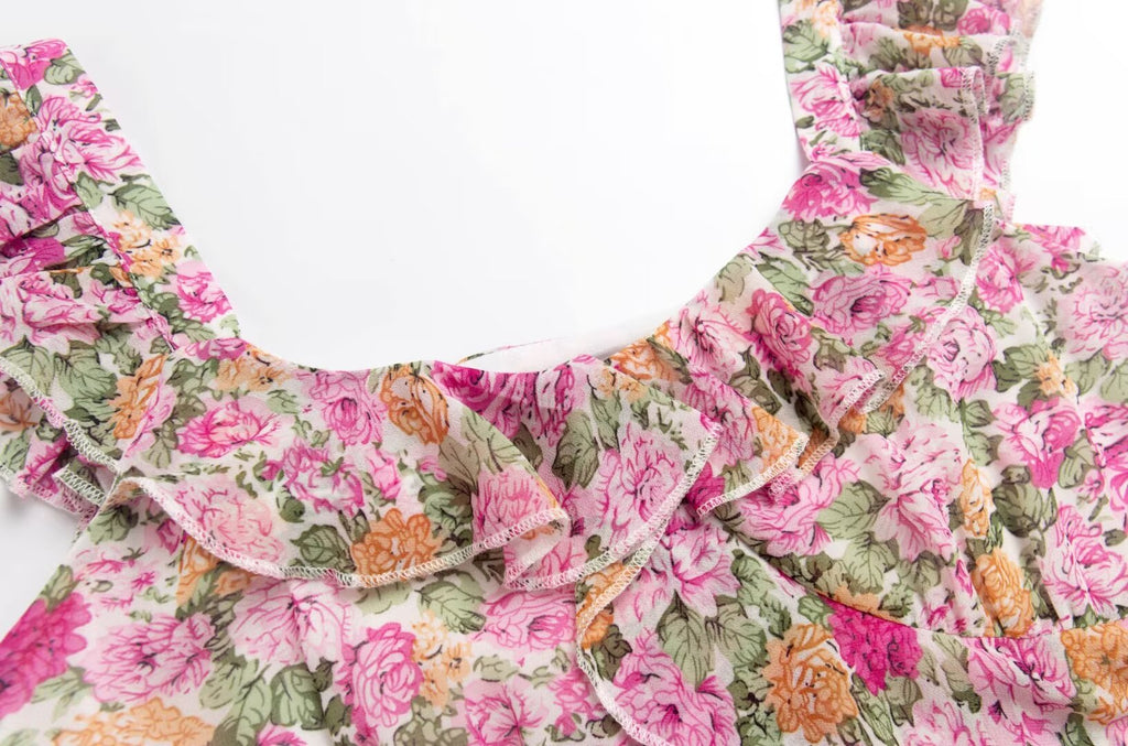 French Floral Design Ruffled Stitching Dress Summer Slim A line Vacation Dress Cami Dress PullWind