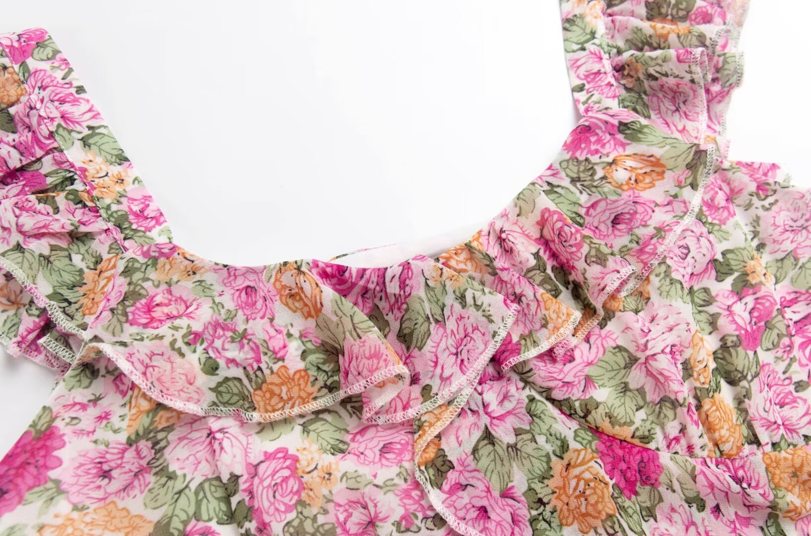 French Floral Design Ruffled Stitching Dress Summer Slim A line Vacation Dress Cami Dress PullWind