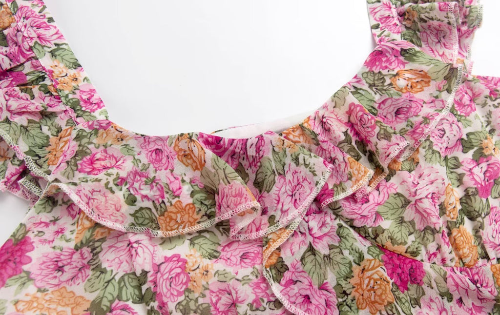 French Floral Design Ruffled Stitching Dress Summer Slim A line Vacation Dress Cami Dress PullWind