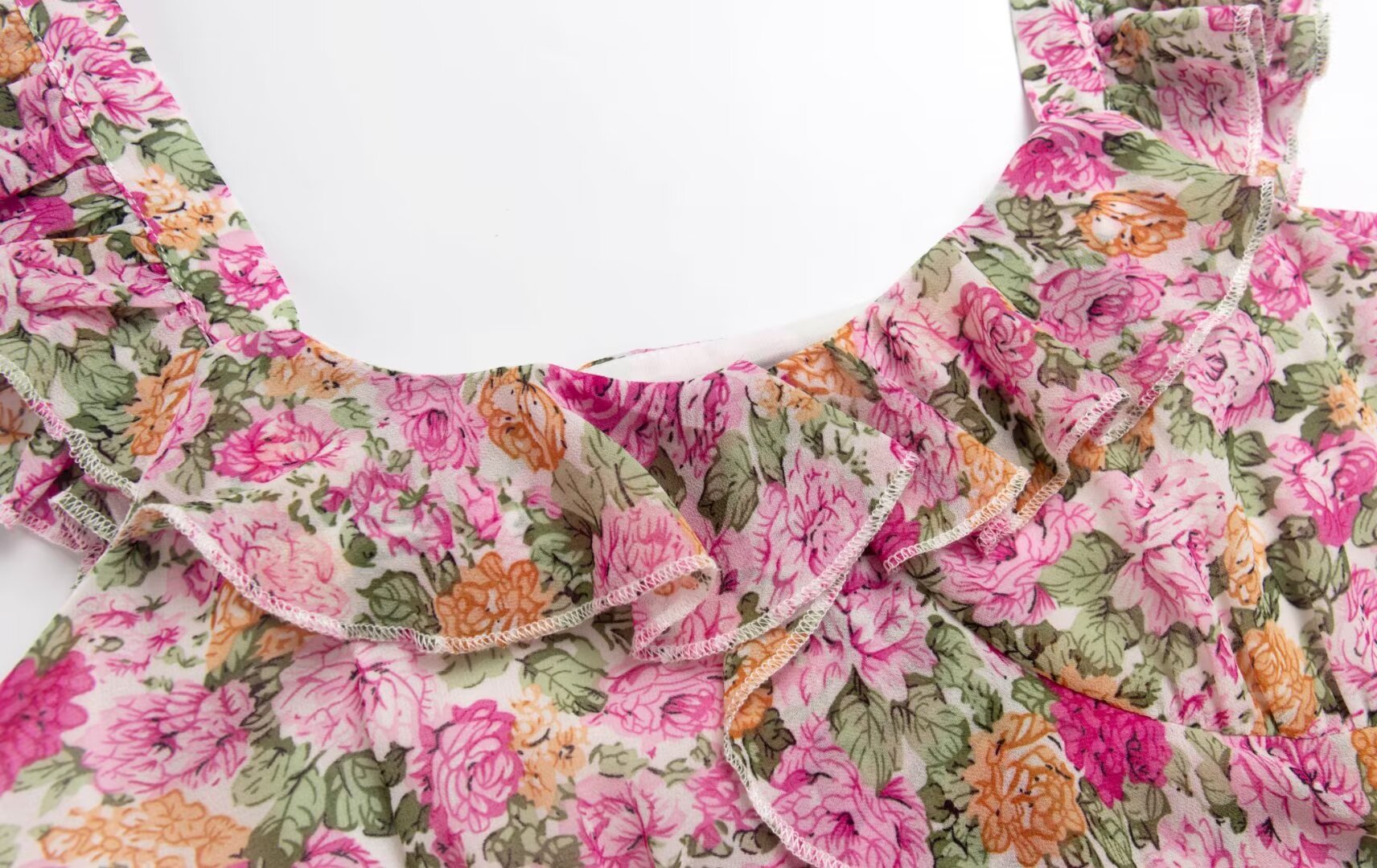 French Floral Design Ruffled Stitching Dress Summer Slim A line Vacation Dress Cami Dress PullWind