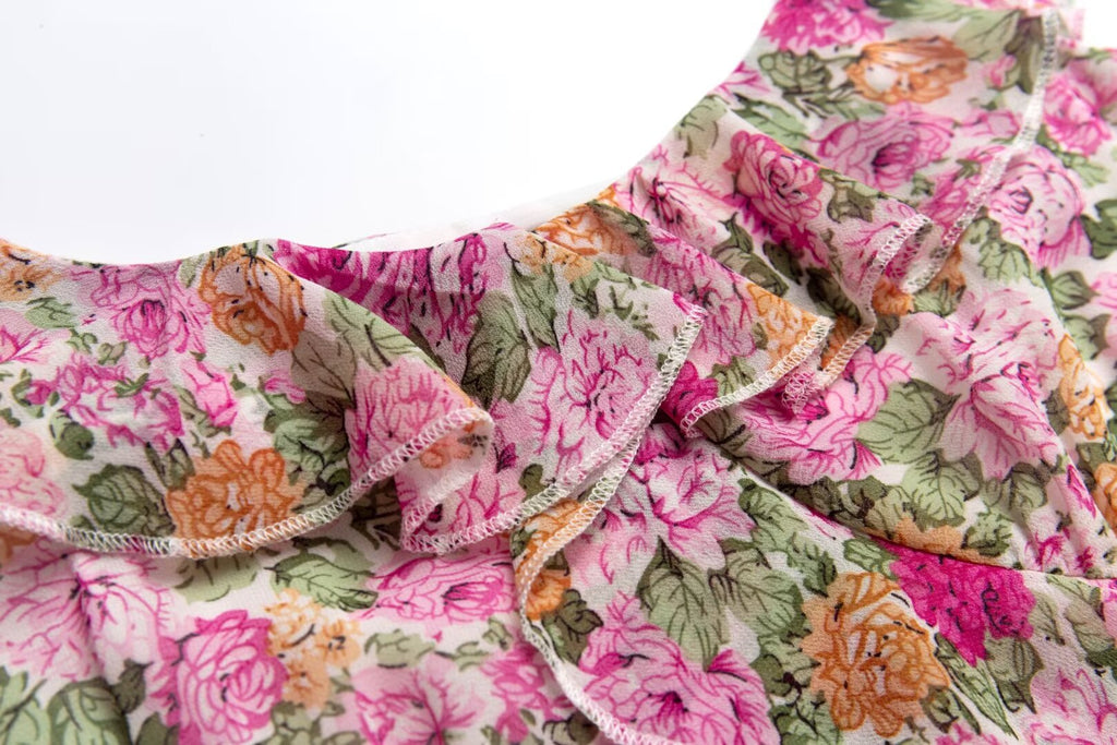 French Floral Design Ruffled Stitching Dress Summer Slim A line Vacation Dress Cami Dress PullWind