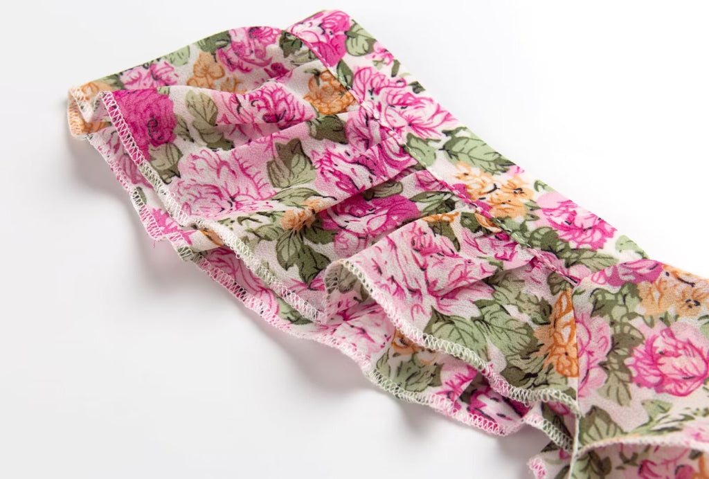 French Floral Design Ruffled Stitching Dress Summer Slim A line Vacation Dress Cami Dress PullWind