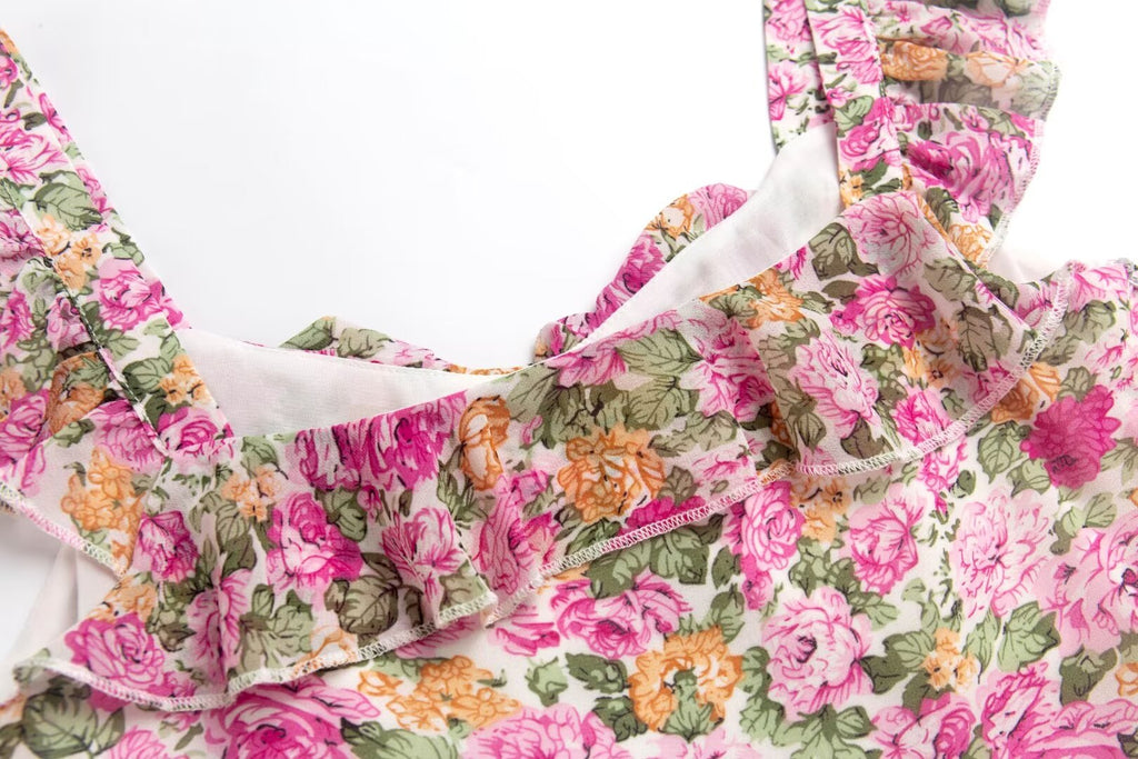 French Floral Design Ruffled Stitching Dress Summer Slim A line Vacation Dress Cami Dress PullWind