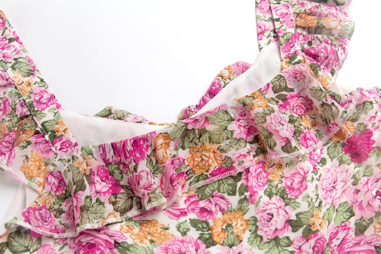 French Floral Design Ruffled Stitching Dress Summer Slim A line Vacation Dress Cami Dress PullWind