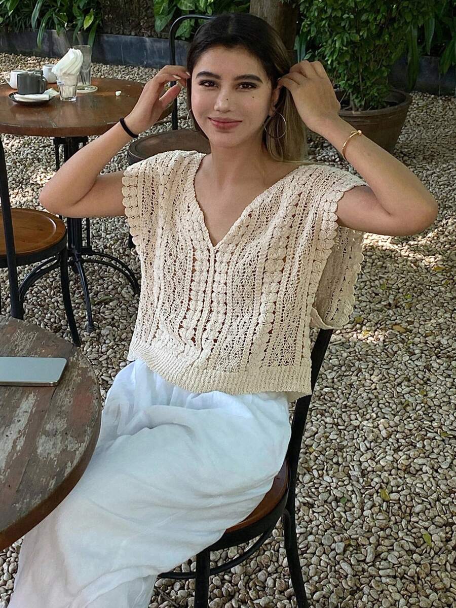Crocheted Hollow Out Vest Hair Sweater Top Crochet hook Reddy