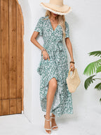 Women Summer Printed V Neck Tie A Line Maxi Dress ANA