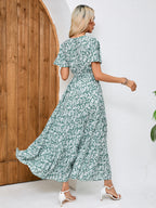 Women Summer Printed V Neck Tie A Line Maxi Dress ANA